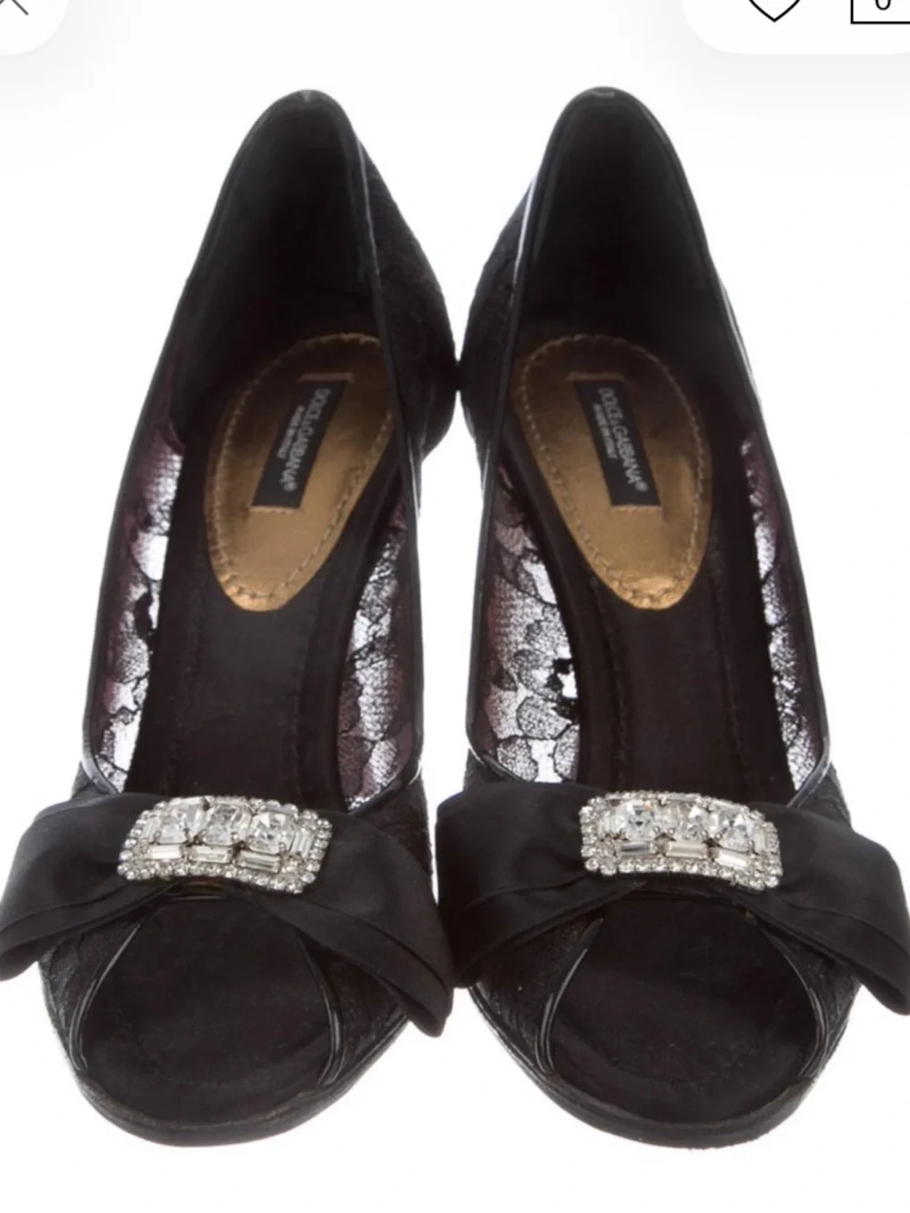 Dolce & Gabbana Black Lace Peep-Toe Heels with Satin Bow and Crystal Buckle